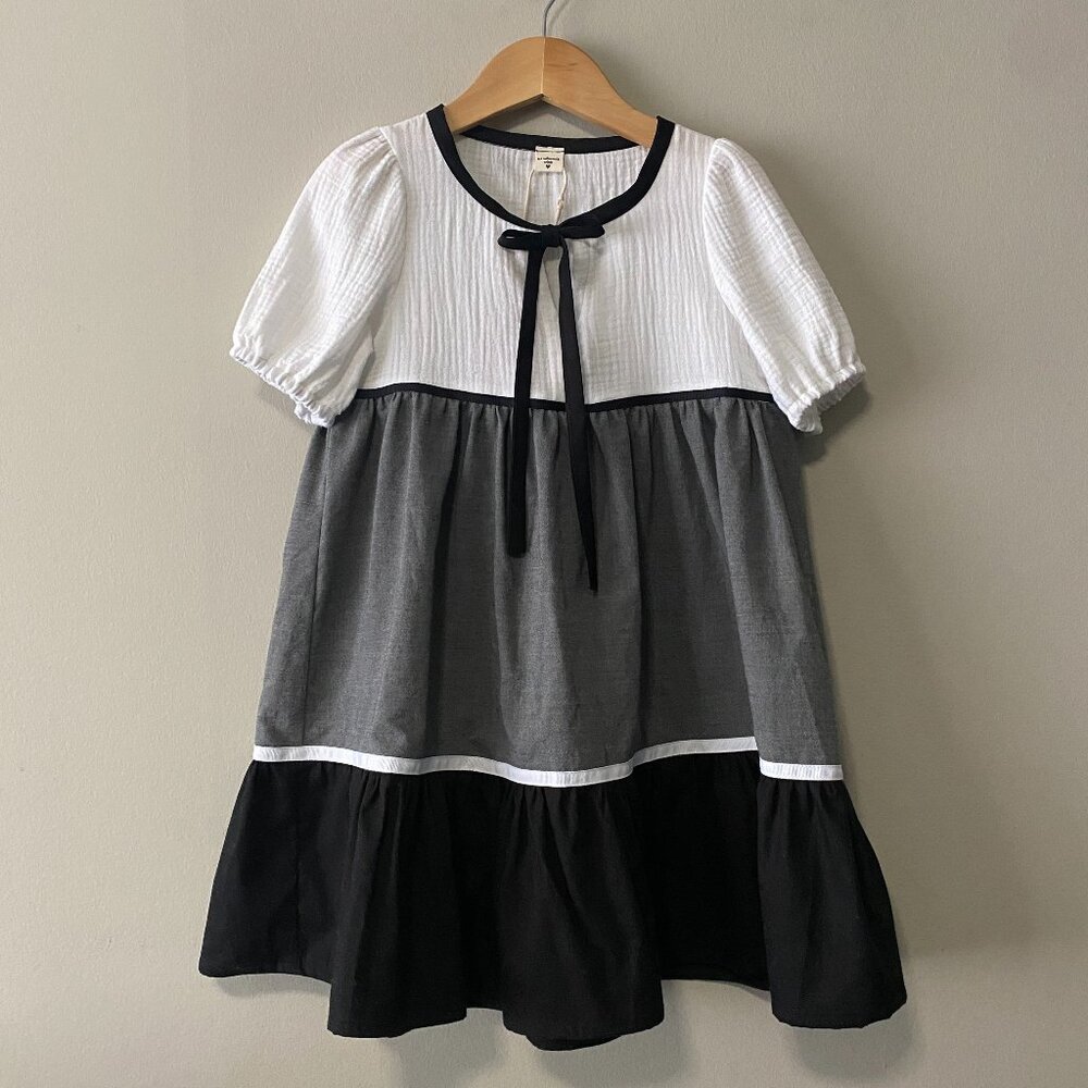 Handmade Children's 100% Cotton Black Grey White Ribbon Detail Dress
